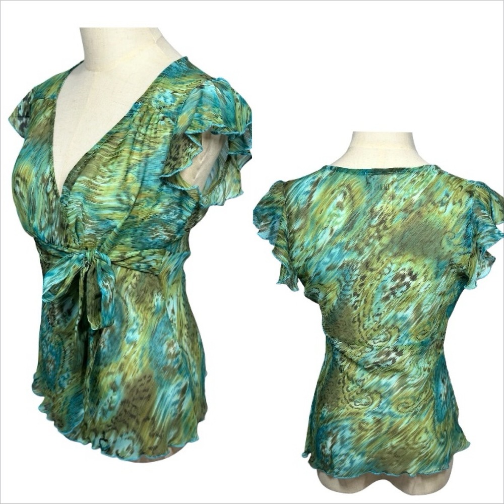 Y2K Womens Sheer Babydoll Fairy‎ Top S Wrap Tie Flutter Sleeve Whimsical Forest